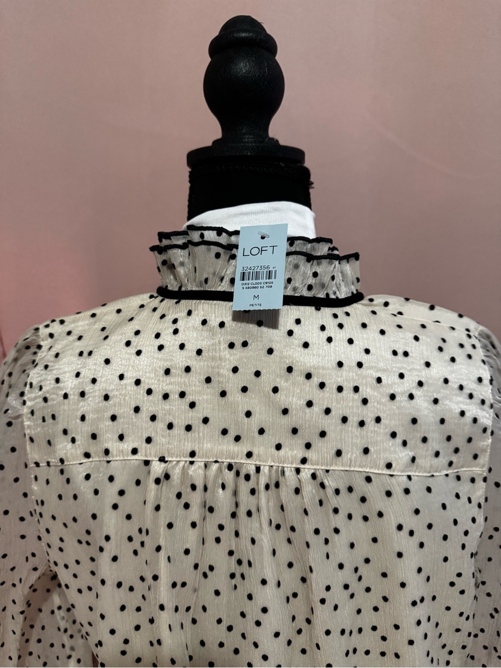 LOFT Cream Blouse with Black Polka Dots and Ruffle Tie-Neck - Picture 2 of 4